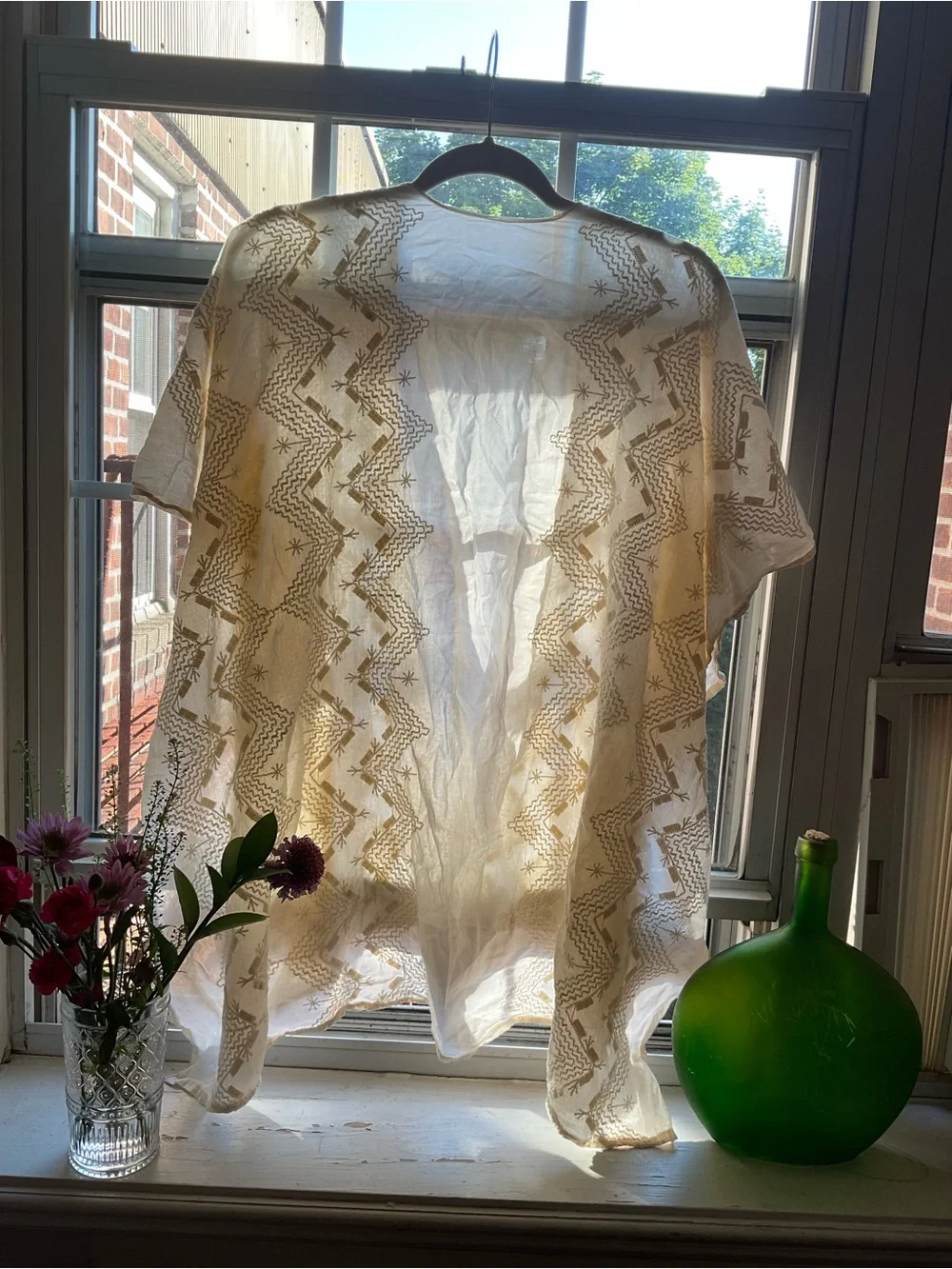 Sheer Embroidered Open Kimono - Cream with Gold Stitching